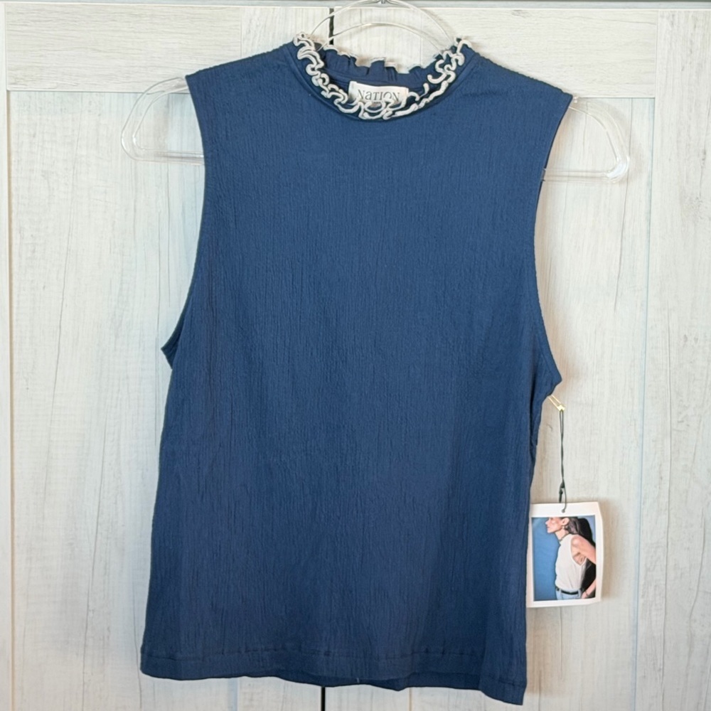 Nation LTD Navy Mock Neck Tank with Contrast Ruffle